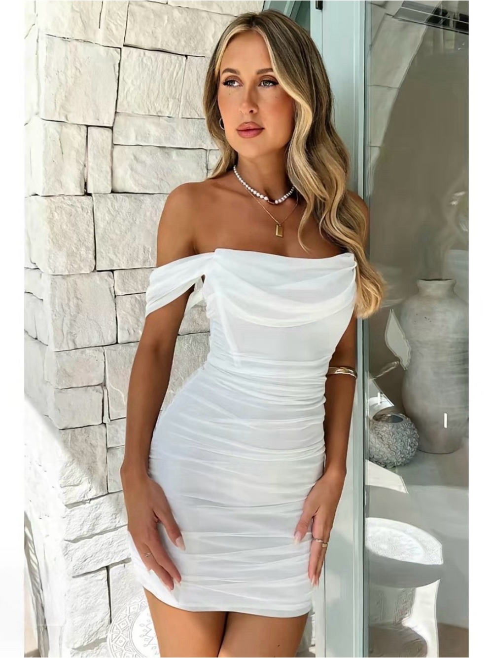 OYS Off-Shoulder White Ruched Bodycon Dress
